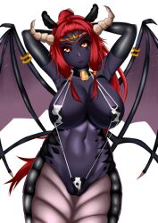 arms_behind_head big_breasts cow_bell_collar cow_print cowbell dragon_wings eydis_nidhoggr_(monster_girl_island) horns lamia looking_at_viewer lowres monster_girl monster_girl_island purple_skin red_hair snake_girl yellow_eyes