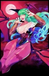 1girls arm_sleeves bangs bat_print blunt_bangs capcom clothed clothed_female clothing darkstalkers demon_wings fangs female female_only full_moon green_eyes green_hair head_wings hi_res hip_wings large_breasts legs_together leotard licking_lips long_hair looking_at_viewer morrigan_aensland non-nude open_mouth pantyhose pink_pantyhose pose solo solo_female succubus vanillamilk voluptuous wings