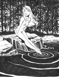 breasts bruce_timm female female_focus female_only girl lake legs legs_together long_hair looking_to_the_side naked naked_female nipples nude nude_female nudity original original_artwork original_character outdoor outdoor_nudity outdoors pin_up pinup pubes pubic_hair pussy_hair sitting sitting_down sitting_on_rock tree trees unshaved_pussy water