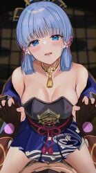 1boy absurdres aether_(genshin_impact) bangs blue_eyes blunt_bangs blush breasts cowgirl_position efuri_(riarea00) female genshin_impact hair_ornament highres kamisato_ayaka large_breasts light_blue_hair long_hair looking_at_viewer ponytail sex sidelocks straddling straight