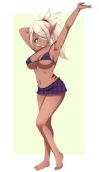 armpits big_breasts blonde_hair elf_ears elf_female elf_girl faranne_(monster_girl_island) green_eyes hand_behind_head lowres monster_girl_island pinup pointy_ears ponytail short_skirt standing