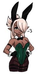 big_breasts blonde_hair bunny_ears bunnysuit cat_mouth elf_ears elf_female elf_girl faranne_(monster_girl_island) green_eyes hands_on_hips looking_at_viewer lowres monster_girl_island pointy_ears ponytail smiling_at_viewer