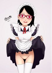 aleuz91 apron blush boruto:_naruto_next_generations clothing clothing_lift costume dress dress_lift female female_only lifted_by_self maid maid_headdress maid_uniform naruto naruto_(series) no_panties open_mouth outfit petite presenting presenting_pussy pussy red_eyes sarada_uchiha sharingan smile solo solo_female thighs