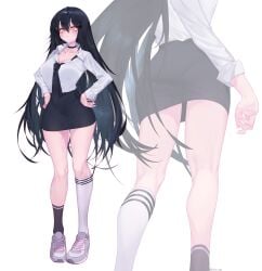 ass black_hair black_legwear breasts choker cleavage dandelion_(girls'_frontline) eonsang eyeliner female full_body girls'_frontline hair_between_eyes hands_on_hips kneehighs long_hair looking_at_viewer makeup multiple_views necktie pencil_skirt school_uniform shoes simple_background skirt sneakers very_long_hair white_background white_legwear yellow_eyes zoom_layer