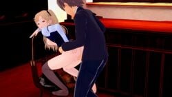 3d animated asymmetrical_legwear azur_lane blonde_hair chara_studio cleveland_(azur_lane) clothed_female clothed_male doggy_style gentry_knight grabbing_waist koikatsu long_hair mp4 no_sound on_chair penetration pulled_down_tights red_eyes smug tagme tits vaginal_penetration video