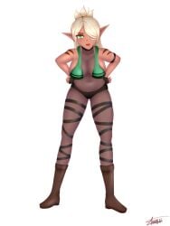 bending_forward big_breasts blonde_hair elf_ears elf_female elf_girl faranne_(monster_girl_island) green_eyes hands_on_hips lowres monster_girl_island pointy_ears ponytail revealing_clothes