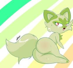 ambiguous_gender ass blush bodily_fluids bubble_butt butt_focus domestic_cat drugs felid feline felis female feral first_person_view fluffy fluffy_tail hi_res looking_at_viewer lying male mammal marijuana neck_tuft nintendo on_side pixyfox23 pokémon_(species) pokemon pokemon_sv sassy simple_background solo sprigatito sweat sweatdrop thick_thighs tuft video_games