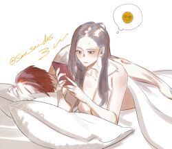 1boy 1girls after_sex breasts emoticon fanon_couple female in_bed large_breasts long_hair male momo_yaoyorozu morning_after my_hero_academia nude phone shouto_todoroki sleeping straight todoroki_shouto two_tone_hair under_covers yaoyorozu_momo