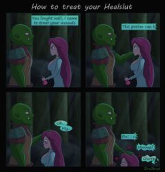 blowjob blush choker comic deep_blowjob deepthroat direshrub english_text fellatio female femsub green_skin healslut heart hearts hearts_around_head human_female implied_deepthroat implied_oral kneeling light-skinned_female light_skin male maledom maledom_caption meme oral orc orc_male purple_hair text world_of_warcraft