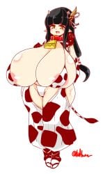 animal_ears animal_print ayazumi_flutter bangs breasts cow_ears cow_girl cow_print cow_tail cowbell dot_nose female female_focus full_body gigantic_breasts green_eyes hakama hinoa japanese_clothes monster_hunter nipple_slip nipples pointy_ears sandals sidelocks standing tail white_background wyverian zouri