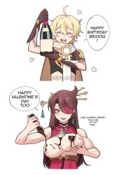 aether_(genshin_impact) artist_name beidou_(genshin_impact) big_breasts breasts_out chocolate chocolate_on_breasts english_text genshin_impact speech_bubble valentine's_day yuushiba