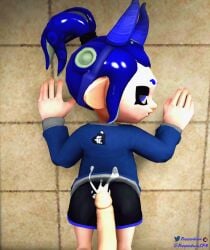 1boy 3d blue_eyes blue_hair clothing cum cum_on_clothes dev_(freezerburn) female freezerburnsfm hands_on_wall looking_at_viewer looking_back nintendo octoling octoling_girl penis penis_between_ass pov sfm source_filmmaker splatoon splatoon_2 teasing