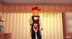 2021 3d alternate_costume belt big_breasts blonde_hair cowboy_hat cowboy_outfit english_text gloves hat koikatsu panties_aside rwby scarf talking_to_viewer text uwlover watermark yang_xiao_long