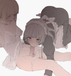1futa 1girls all_fours balls bangs blonde_hair blunt_bangs breasts censored closed_mouth clothed clothing duo erection eyebrows_visible_through_hair fellatio female fully_clothed futa_on_female futa_with_female futanari futanari-sama_(mdf_an) grey_background grey_hair grey_hair_maid_(mdf_an) human light-skinned_female light-skinned_futanari light_skin long_hair long_sleeves maid maid_headdress mdf_an medium_breasts mosaic_censoring mostly_nude multiple_girls open_mouth oral original pale_skin panties panty_pull penis puffy_long_sleeves puffy_sleeves simple_background sitting sweat underwear