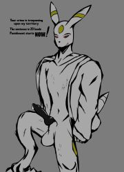 absurd_res animal_genitalia animal_penis anthro balls canine_penis clothing eeveelution genitals grey_background greyscale hi_res jacket male monochrome nintendo penis pokémon_(species) pokemon red_eyes simple_background solo topwear umbreon video_games wzzzki