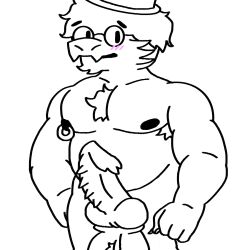 animal_genitalia anthro blush body_hair clothing dragon eyewear fur furred_dragon genitals glasses hat headgear headwear hi_res huddsies hudson_(huddsies) knot male musclegut muscular nipple_piercing nipples penis piercing sheath solo top_hat