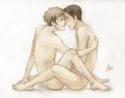 2boys attack_on_titan brown_hair freckles gay hand_on_back handjob jean_kirstein male_only marco_bodt masturbating_other masturbation naked scissor_position shingeki_no_kyojin wholesome