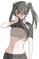 abs absurdres bangs breasts clothes_lift cowboy_shot dark_green_hair female green_eyes hair_ribbon hand_up highres kantai_collection lifted_by_self long_hair looking_down navel ribbon shirt shirt_lift short_shorts shorts small_breasts solo sports_bra sportswear sweat takaman_(gaffe) twintails white_background white_ribbon wiping_sweat zuikaku_(kantai_collection)