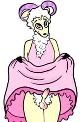 anthro bovid caprine clothed clothing clothing_lift deadlycrocker dress dress_lift feral fur genitals gynomorph horn humanoid_genitalia humanoid_penis intersex mammal penis pink_body pink_clothing pink_eyes pink_fur pink_horn pink_wool sheep simple_background standing trusting white_background wool_(fur)