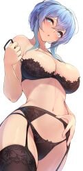 1girls 2022 absurdres bare_shoulders black_bra black_panties blue_eyes blue_hair blush bra breasts cleavage female female_focus female_only garter_belt garter_straps hair_bun highres large_breasts large_filesize lingerie navel original oserotto panties png solo thighs underwear very_high_resolution yukino_(zeroshiki_kouichi)