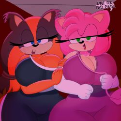 2girls 3barts amy_rose amy_rose_(boom) big_ass big_breast breasts brown_hair date looking_at_viewer multiple_girls pink_penis sonic_(series) sonic_boom sticks_the_badger sticks_the_jungle_badger sticks_the_tejon text thick_thighs yuri