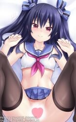 1boy black_hair blush breasts censored eyebrows_visible_through_hair fanbox_username female gabriel_evangel hair_ribbon hands_up highres knees_up long_hair looking_at_viewer lying m_legs microskirt navel neptunia_(series) patreon_username red_eyes reward_available ribbon sailor_collar school_uniform serafuku signature skirt small_breasts smile solo_focus spread_legs thighhighs two_side_up uni_(neptunia)