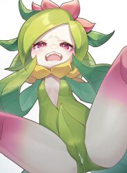 absurdres anthro bangs blush breasts cum cum_in_pussy fangs female flower from_below game_freak grey_background highres hisuian_lilligant lilligant monster_girl nintendo okitanation pink_eyes plant_girl pokemon pokemon_(species) pokemon_legends:_arceus pussy regional_form_(pokemon) simple_background small_breasts solo tearing_up teeth white_hair