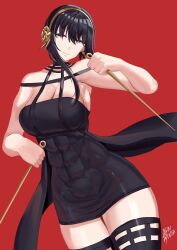 1girls abs assassin bangs black_dress black_hair black_legwear dress dual_wielding eyebrows_visible_through_hair eyes_visible_through_hair female female_only flower hair_flower hair_ornament highres holding knife red_background red_eyes ryo_(ryo_artys) solo spy_x_family stiletto_(weapon) thighhighs thorn_princess toned yor_briar