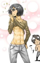 1boy 1girls abs attack_on_titan black_hair eremika eren_jaeger female_abs female_focus hips midriff mikasa_ackerman partially_clothed rentaro-21 shingeki_no_kyojin shirt_lift short_hair underboob