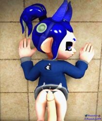 3d blue_eyes blue_hair clothing cum dev_(freezerburn) freezerburnsfm hands_on_wall looking_at_viewer looking_back nintendo octoling octoling_girl panties penis pov seductive sfm source_filmmaker splatoon splatoon_2 teasing tentacle_hair thong_panties