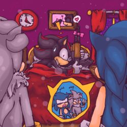 3boys aerobian-angel blue_fur bow clock furry gun hedgehog holding_gun holding_object humor inanimate male male_only mammal shadow_the_hedgehog silver_the_hedgehog sonic_(series) sonic_the_hedgehog tagme weapon what window
