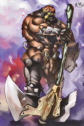 1boy astaroth_(soul_calibur) axe bara brown_skin color front_view humanoid male male_only muscle muscles muscular penis skin solo soul_calibur weapon