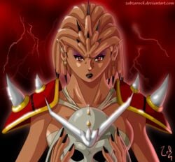 2d armor color female female_only front_view helmet holding lightning looking_at_viewer mortal_kombat open_eyes pointy_ears red_eyes rule_63 shao_kahn solo tagme tan_skin zabzarock