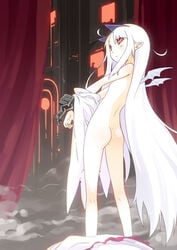 1girls black_sclera butt female light-skinned_female long_hair looking_back makai_kingdom naked nipples nippon_ichi_software nude nude_female pointy_ears pram red_eyes solo stripping very_long_hair white_hair wings