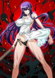 bare_shoulders breasts erect_nipples female highschool_of_the_dead huge_breasts joy_ride long_hair naked_apron nipples panties purple_hair saeko_busujima side-tie_panties smile solo sword toned_female underwear weapon wooden_sword