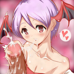 blush capcom clothing cum cum_string darkstalkers fellatio flat_chest handjob heart huge_cock lilith_aensland oral penis red_eyes ryukishi short_hair smile succubus uncensored