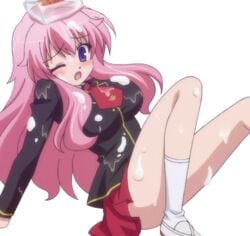 baka_to_test_to_shoukanjuu blush cap himeji_mizuki legs long_hair miniskirt one_eye_closed open_mouth photoshop pink_hair png purple_skin school_uniform screencap sexually_suggestive skirt solo thighs transparent_background