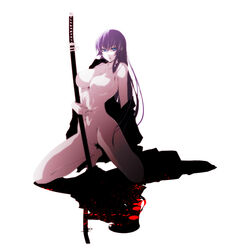 1girls bare_shoulders blood blue_eyes breasts female highschool_of_the_dead katana large_breasts legs long_hair nipples nude pubic_hair purple_hair s_tanly saeko_busujima simple_background solo sword weapon