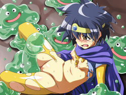 1girls blush breasts brown_eyes bubble_slime clothing dragon_quest dragon_quest_iii female flat_chest green_tentacles happiness_milk helpless heroine heroine_(dq3) imminent_penetration imminent_rape imminent_sex interspecies nipples open_mouth penis_tentacles pussy rape restrained roto short_hair size_difference slime slime_(dragon_quest) slime_monster small_breasts spread_legs tentacle torn_clothes translucent_tentacles tsuna_(al_dente)