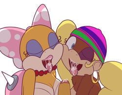 1boy 2girls anthro bimbo blonde_hair blue_eyes bow breasts color cum donkey_kong_(series) eyelashes eyeshadow female foreskin furry glans hoop_earrings interspecies kong koopa koopalings lipstick male mario_(series) multiple_females necklace nintendo partially_retracted_foreskin pearl_necklace penis pink_shell polka_dots shell spiked_shell spikes spiky_shell straight_hair thegalen tied_hair tiny_kong twintails uncut wendy_o._koopa white_background