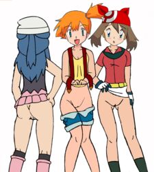 artist_request ass blush bottomless dawn_(pokemon) female female_only human human_only innie_pussy jk kasumi_(pokemon) kneehighs may_(pokemon) multiple_girls nintendo pokemon pussy shorts_pull uncensored