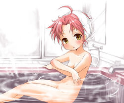 akira_kogami bath bathtub kogami_akira lucky_star navel nude pink_hair towel towel_on_head ubizo water yellow_eyes