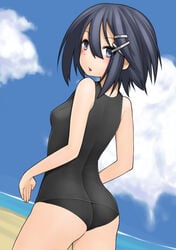 asagi_asagiri ass beach black_eyes black_hair disgaea kochiya_(gothope) looking_back nippon_ichi_software one-piece_swimsuit school_swimsuit solo swimsuit