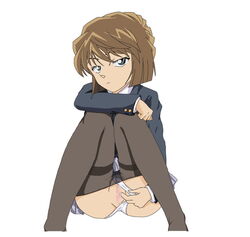 1girls ai_haibara artist_request blue_eyes brown_hair censored detective_conan female human looking_at_viewer pale-skinned_female pale_skin panties panties_aside pantyhose pussy short_hair solo tagme white_background