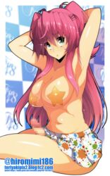 1futa anzu_kuniyoshi arms_behind_head breasts censored color dickgirl erection futa_only futanari green_eyes half_nude hiromin intersex long_hair looking_at_viewer midriff pasties penis penis_under_skirt pink_hair sitting skirt url watermark wide_hips