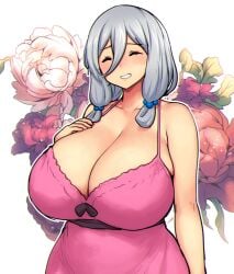 bie_(saltnvalk) blush borrowed_character breasts cleavage closed_eyes dress errorkazoo female flower grey_hair hair_between_eyes highres huge_breasts leaf long_hair milf original outline parted_lips pink_dress red_flower shadow solo upper_body white_background white_flower white_outline