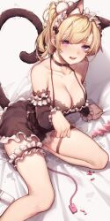 2022 blonde_hair blush cat_ears cat_tail catgirl catgirls maid maid_dress maid_headdress maid_lingerie neko open_mouth orgasm pink_eyes pink_vibrator ponytail pussy_ejaculation pussy_juice pussy_juice_drip pussy_juice_stain shaking sub vibrator