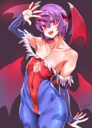 animal_print asanagi bare_shoulders bat_print bridal_gauntlets clothing cutout_above_navel darkstalkers demon_wings fangs female flat_chest flat_chested head_wings highres lilith_aensland open_mouth purple_hair red_eyes short_hair slit_pupils succubus tongue vampire_(game) wings