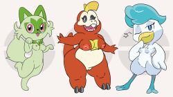 2022 3girls anthro avian bird breasts duck feathers felid feline felis female female_only fuecoco fur furry looking_at_viewer mammal naked nintendo nipples nude pokémon_(species) pokemon pokemon_sv pussy quaxly reptile scalie short_hair solo sprigatito tail thick_thighs wings zody300