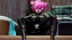 3d cuddle_team_leader fortnite fortnite:_battle_royale latex latex_armwear latex_bodysuit latex_boots latex_clothing latex_gloves latex_legwear latex_stockings latex_suit latex_thighhighs meatroza pink_bear pink_eyes pink_fur pink_hair showing_off sit sitting